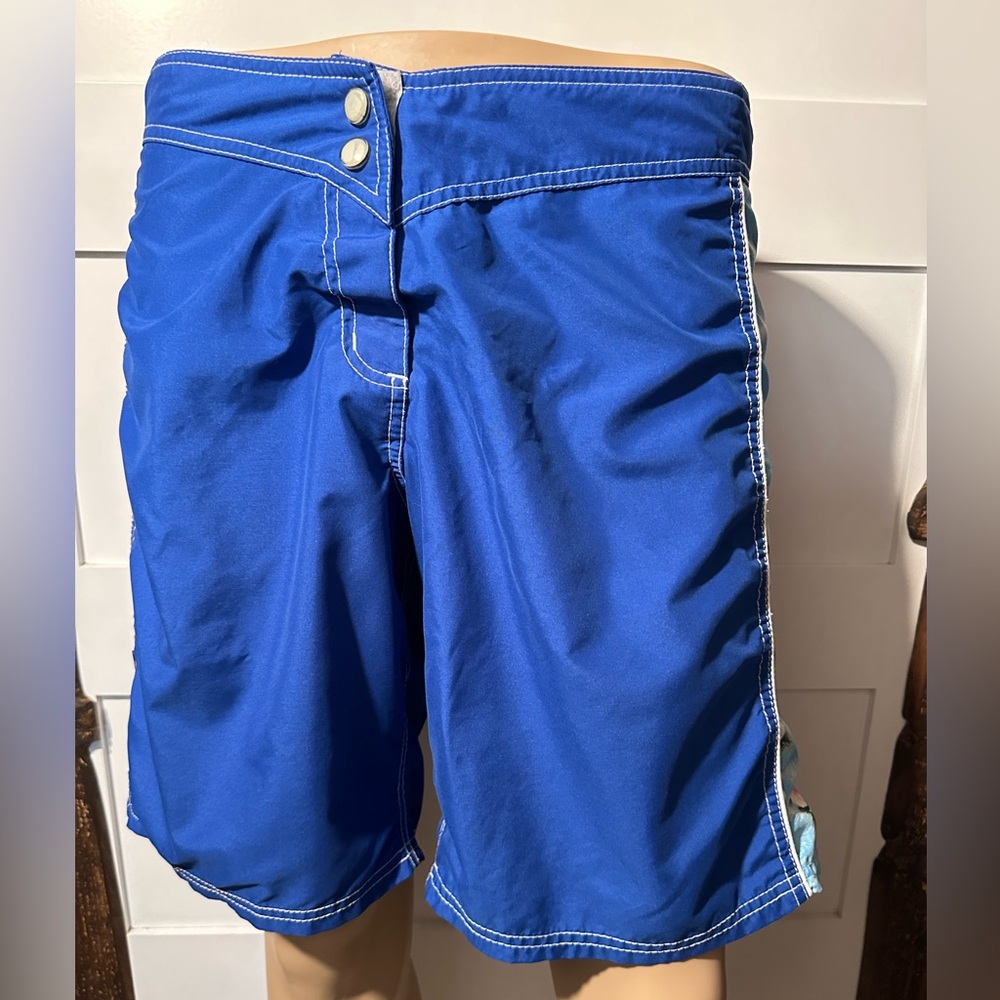 Men's  Swim Shorts by Crazy Shirt, Blue Hawaiian Flower Stripe  - Size 11